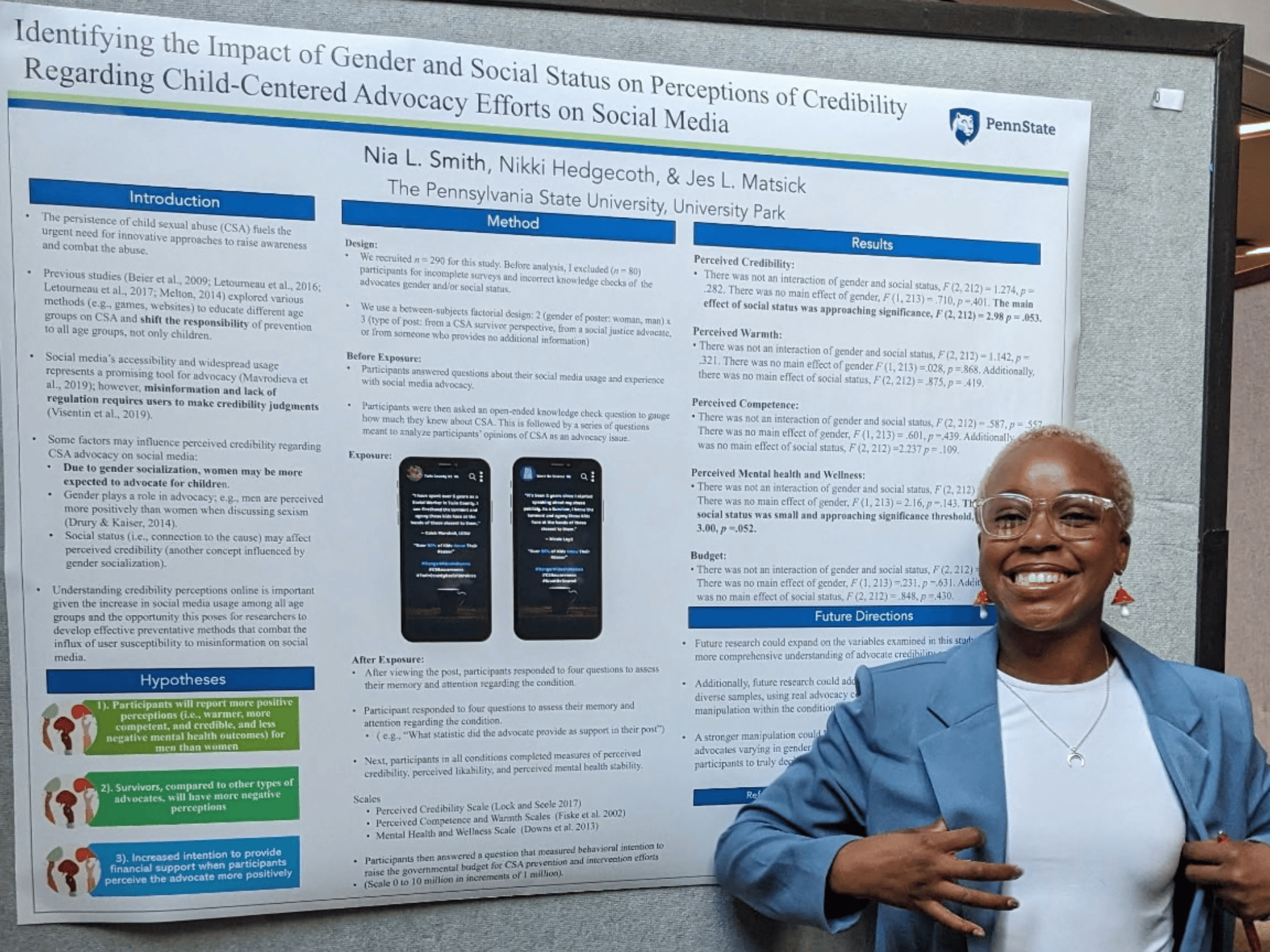 Nia Smith stands in front of a poster displaying her honors thesis research.