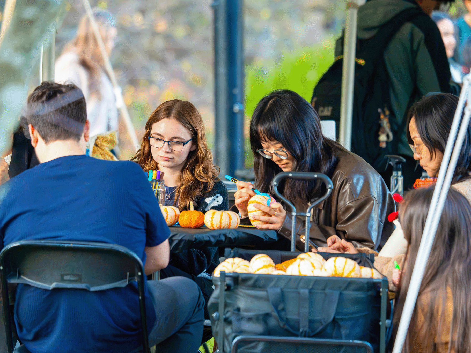 Graduate students paint pumpkins under a pavilion outside the Kern Graduate Building