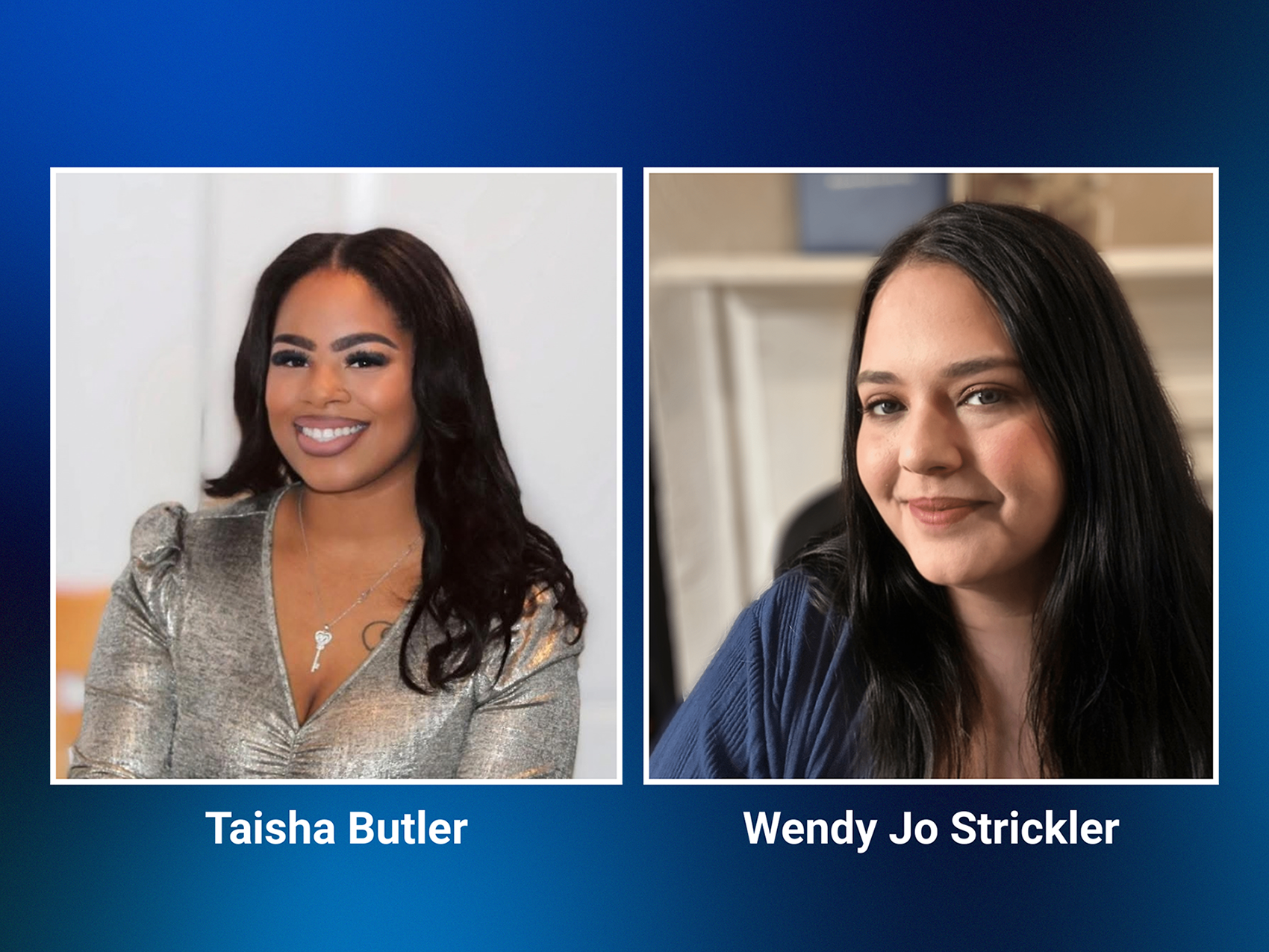 Two headshot photos of women on a blue background.
