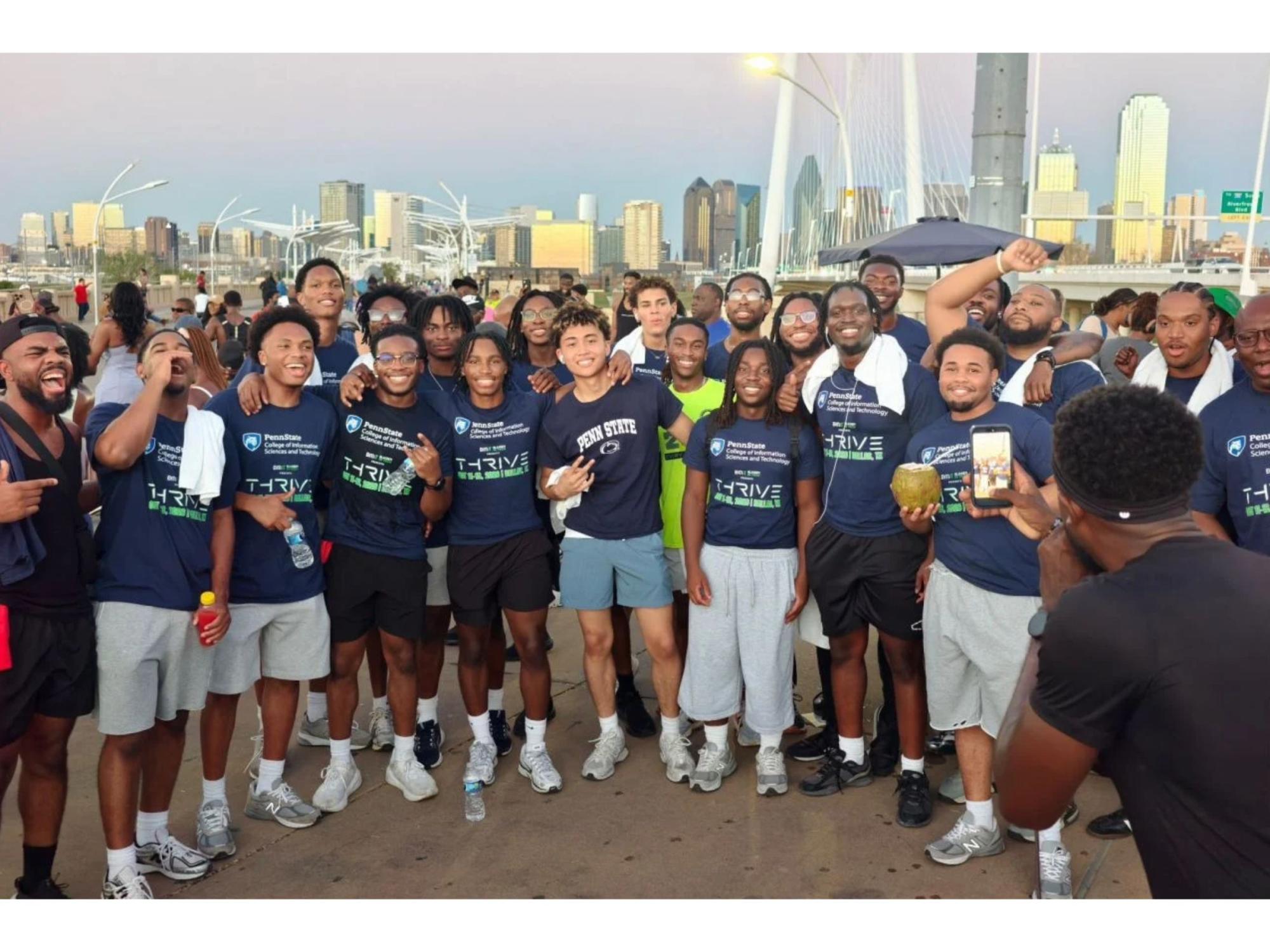large group of college students prepare for 5k run in Dallas