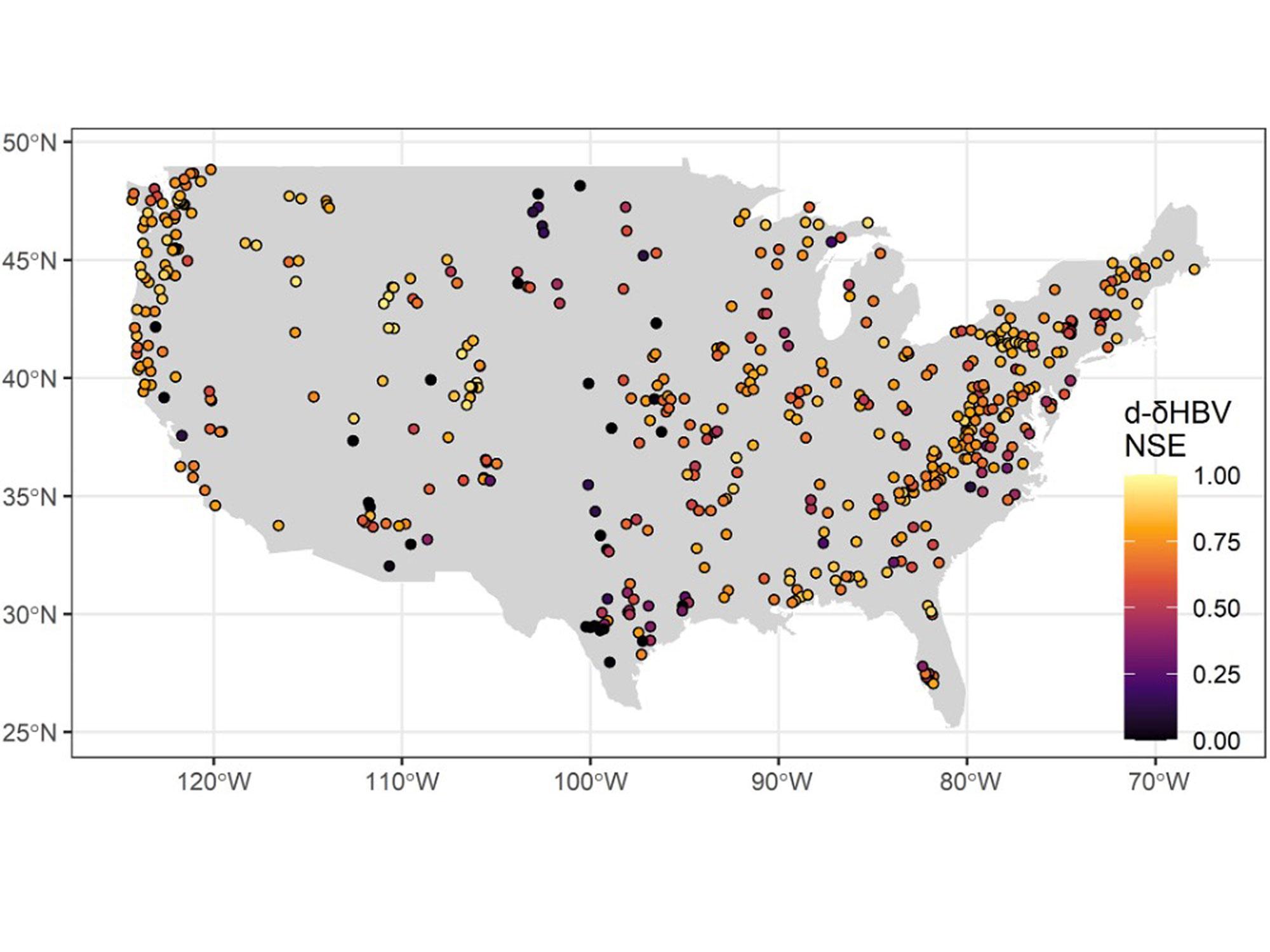 A figure pulled from the research paper illustrates the predictive effectiveness at different river basins across the continental US. The East and West coasts show more predictive accuracy, while the basisn in the center of the country are more unreliable.