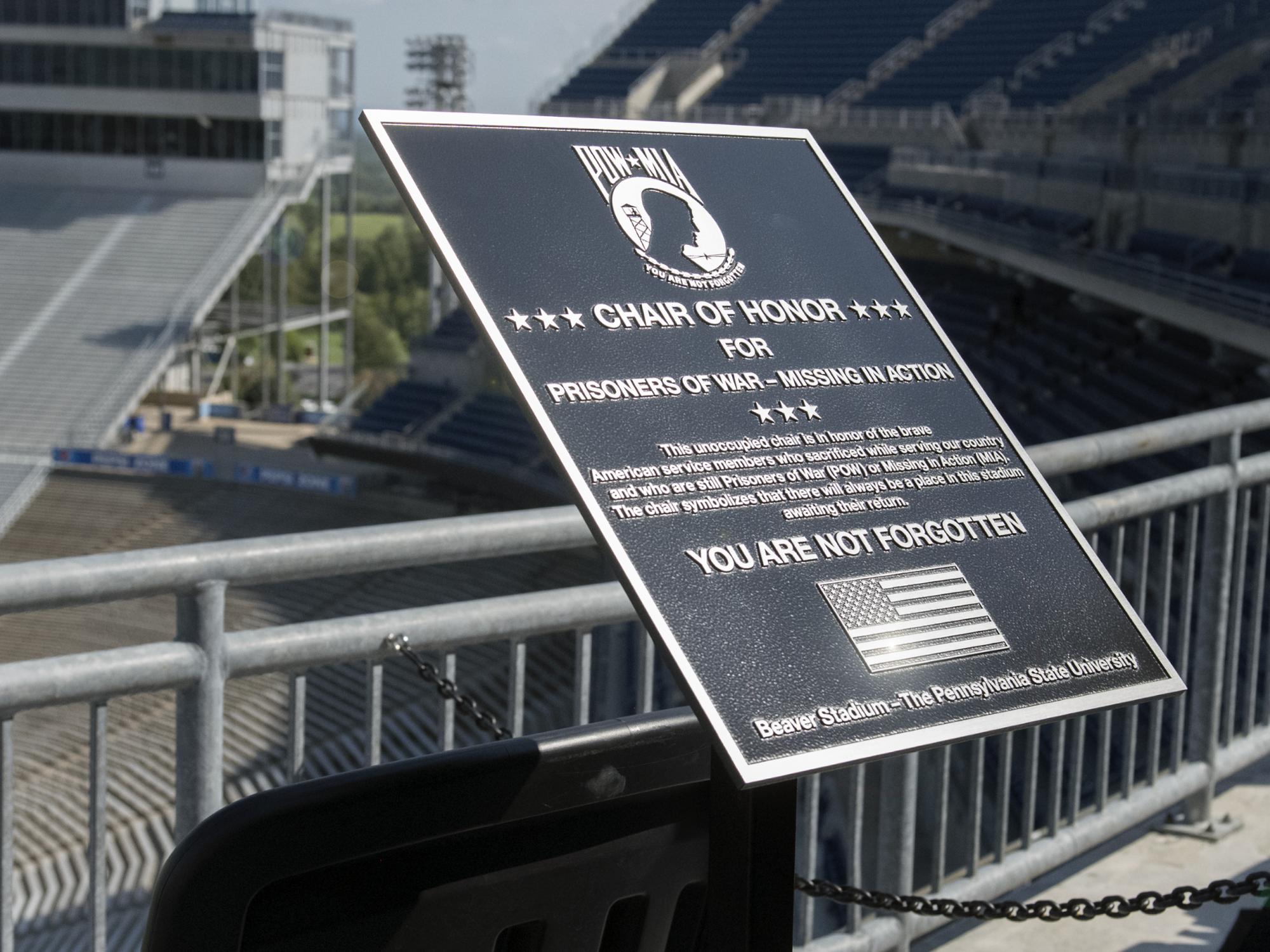A plague is shown from the Beaver Stadium in dedication of all POW/MIA service members.