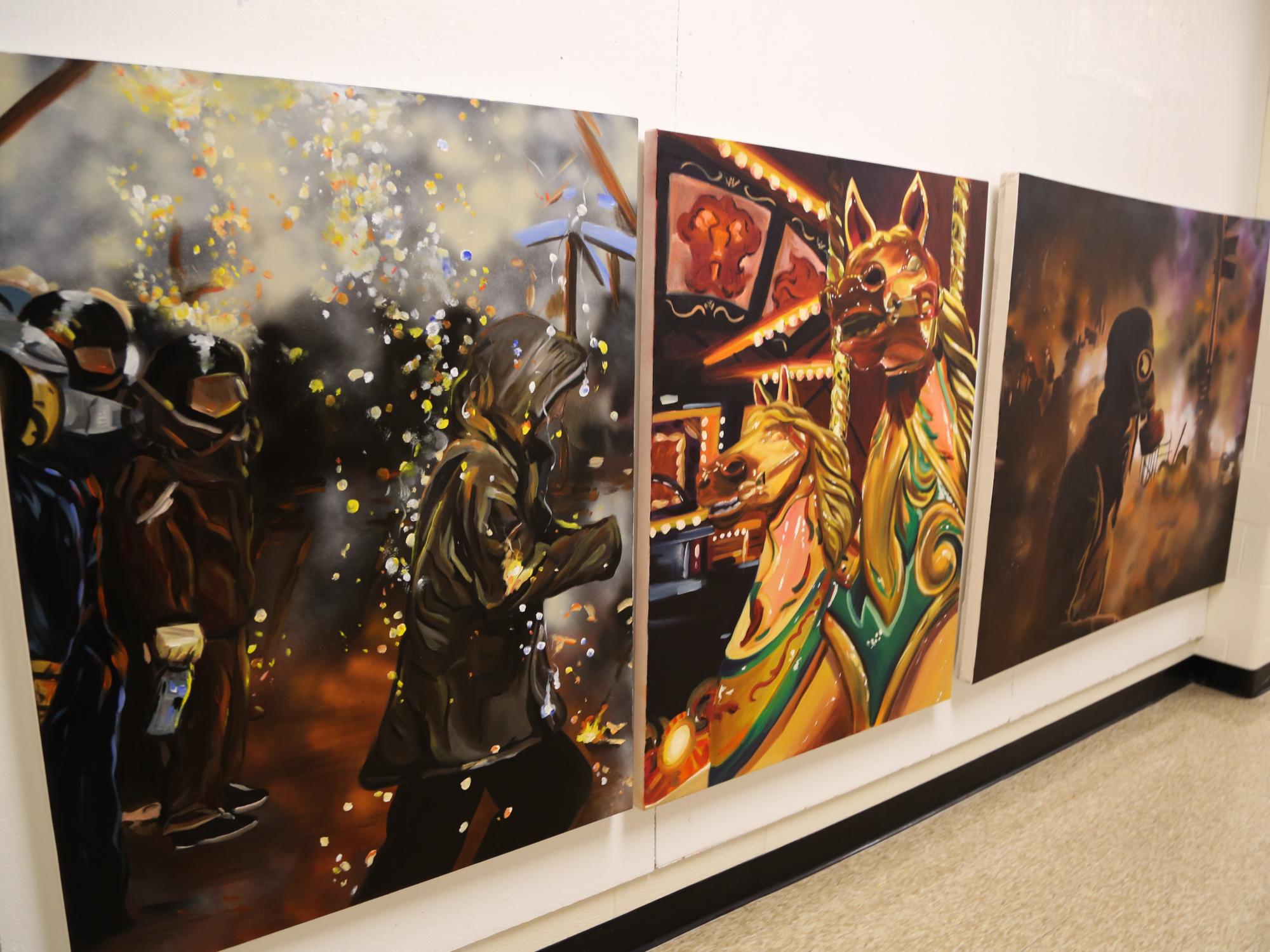 Bielecki's work installed on the wall of the Visual Arts Building for a review. 