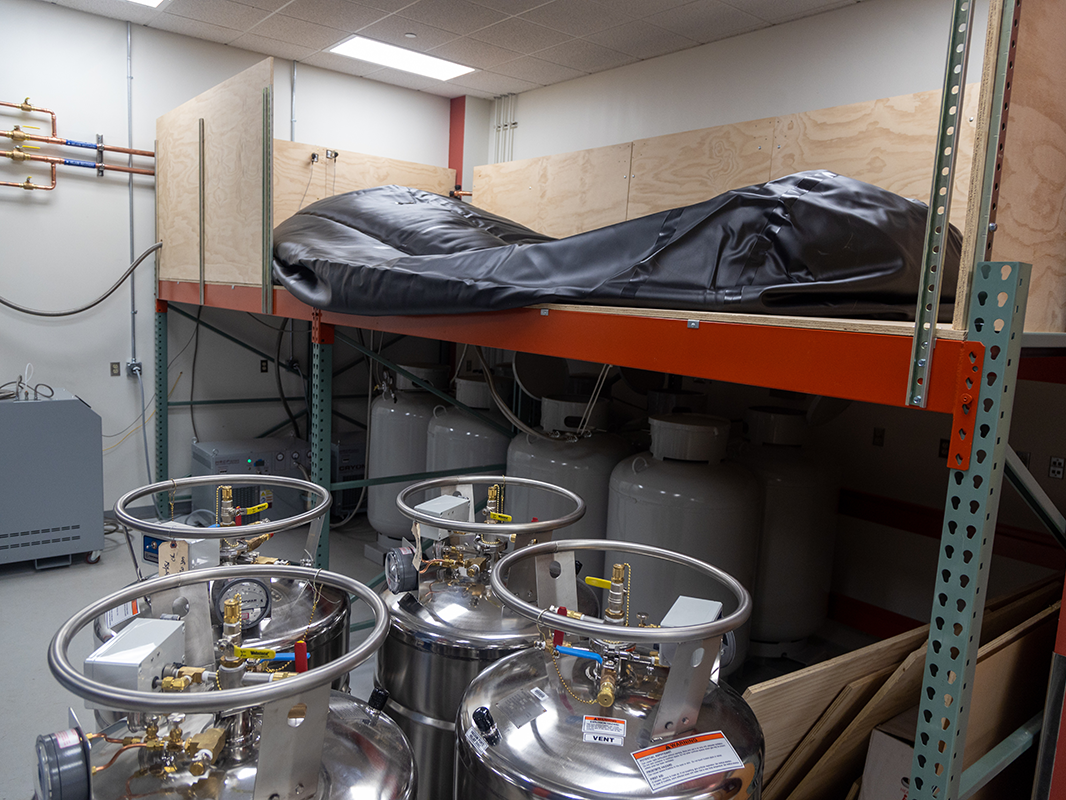 The Chemistry Building helium recovery system's bladder fills with helium gas recovered from the building's spectrometers.