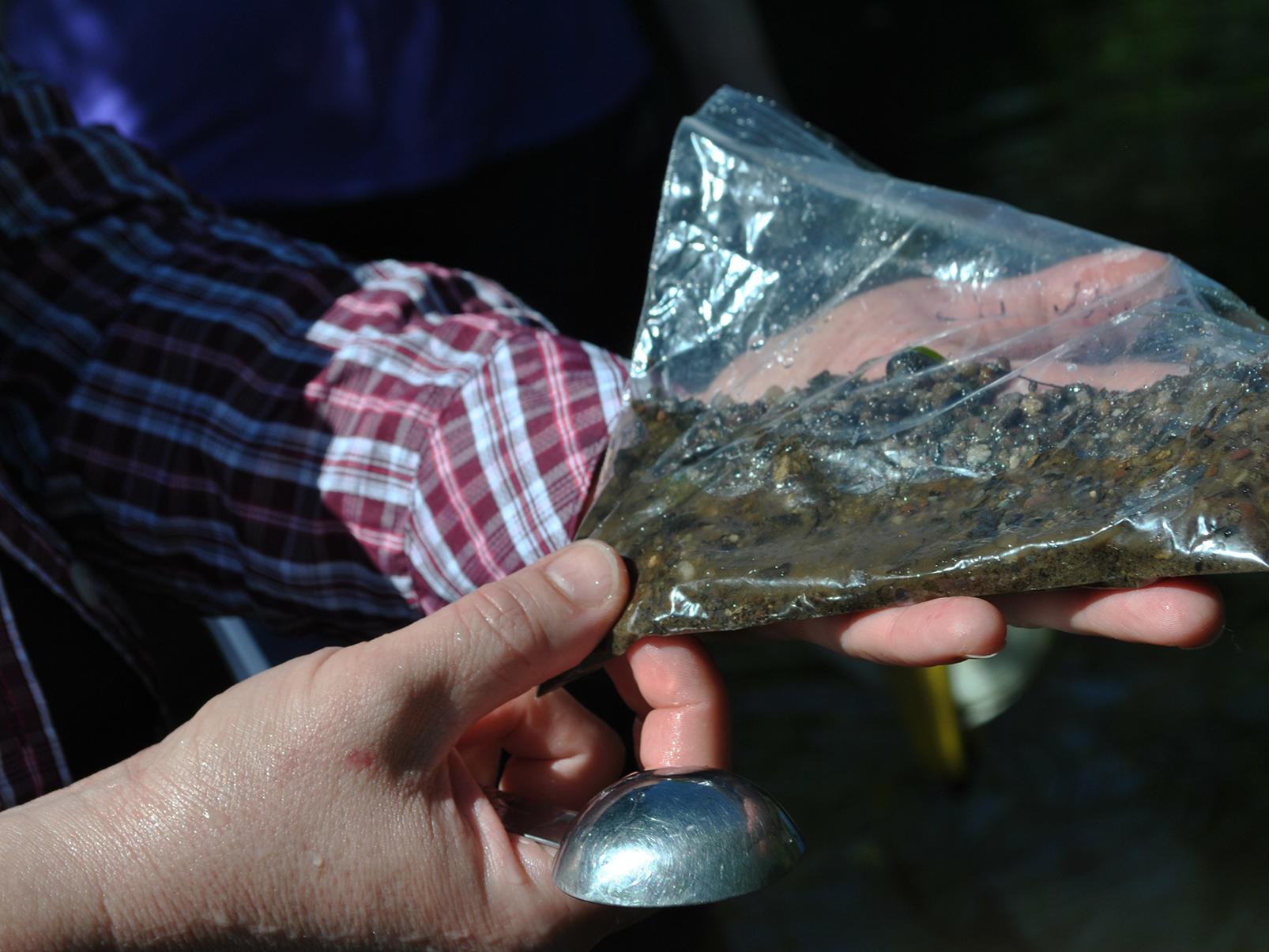 hands holding plastic bag of creek sediment