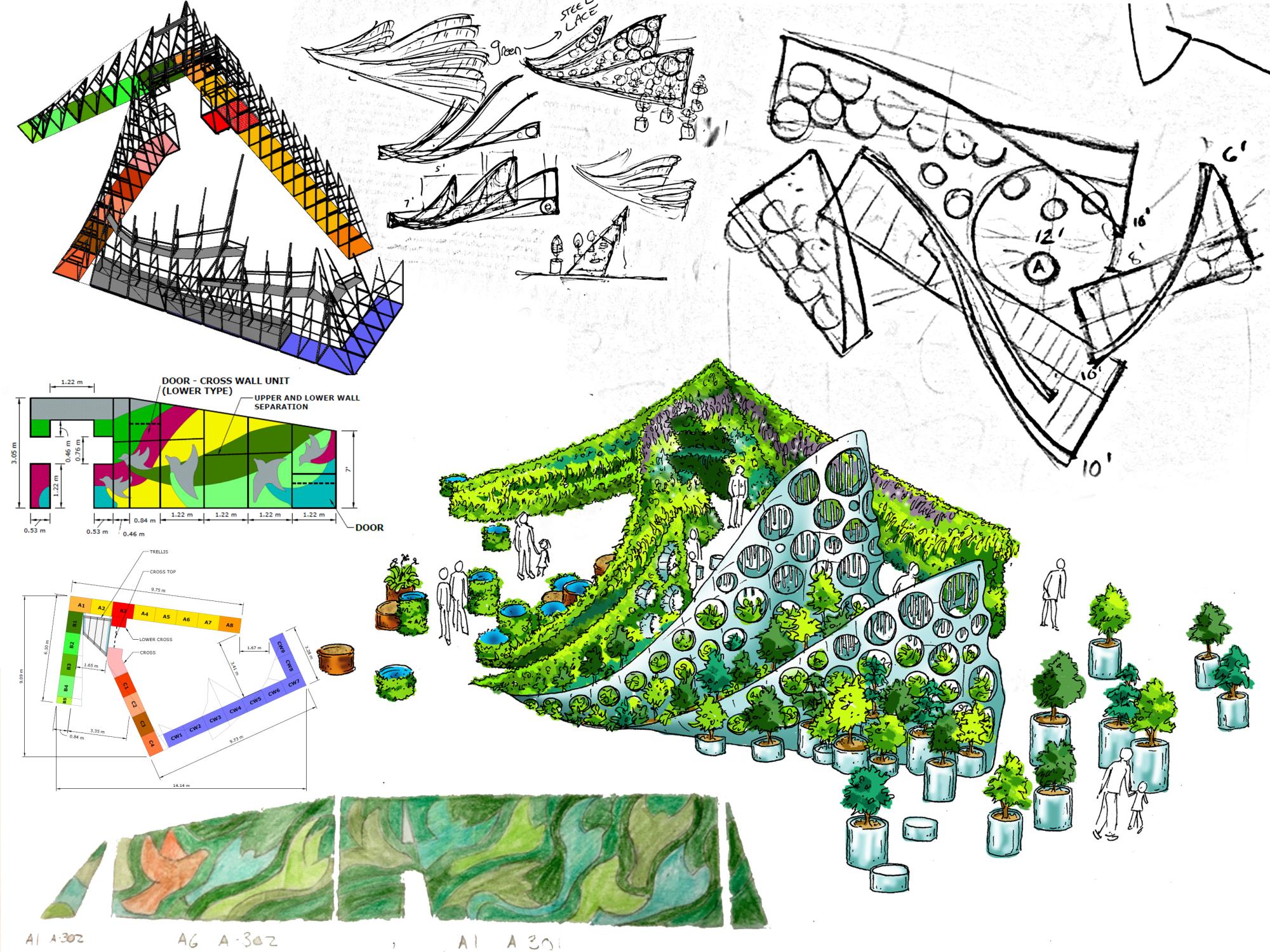 A collage of early sketches of the Living Chapel. 