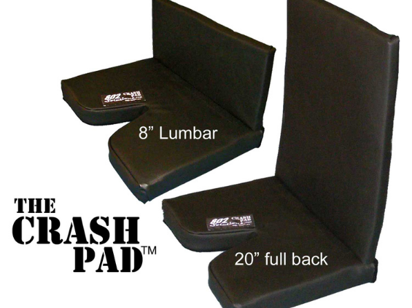 The Crash Pad product, two black seat pads of different sizes