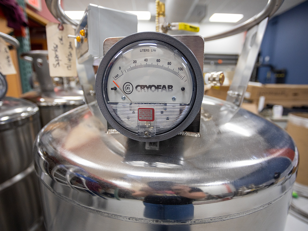 A pressure gauge atop a helium storage tank, used in conjunction with the Chemistry Building's helium recovery system.