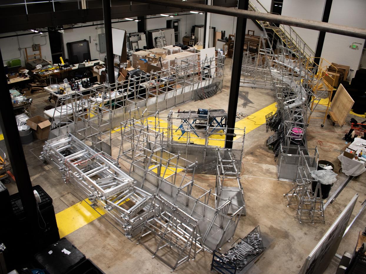 The entire structural frame of the chapel arranged and assembled for the first time in the Laundry Building.