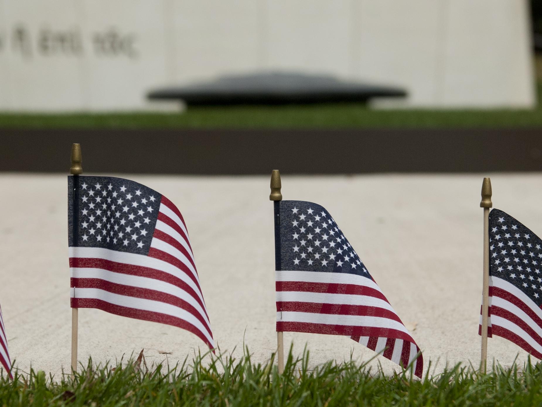 Flags surround Veterans Plaza at Penn State