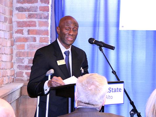 Chancellor Francis Achampong speaks during the Mont Alto LaunchBox ribbon-cutting.