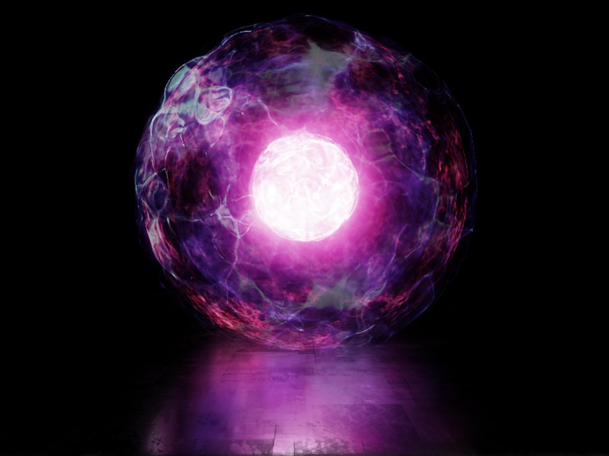 3D rendering purple ball of energy and plasma in the core of the plasma reactor.