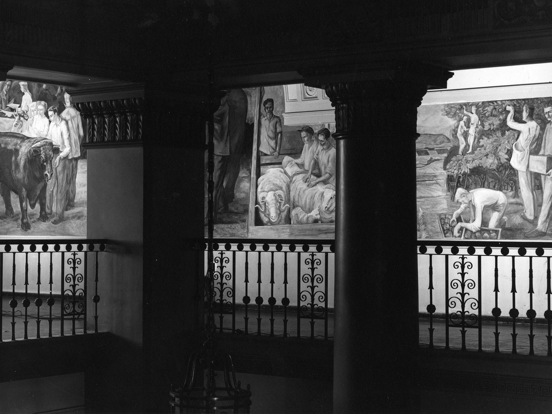 Agriculture panel seen through pillars, Old Main Frescoes