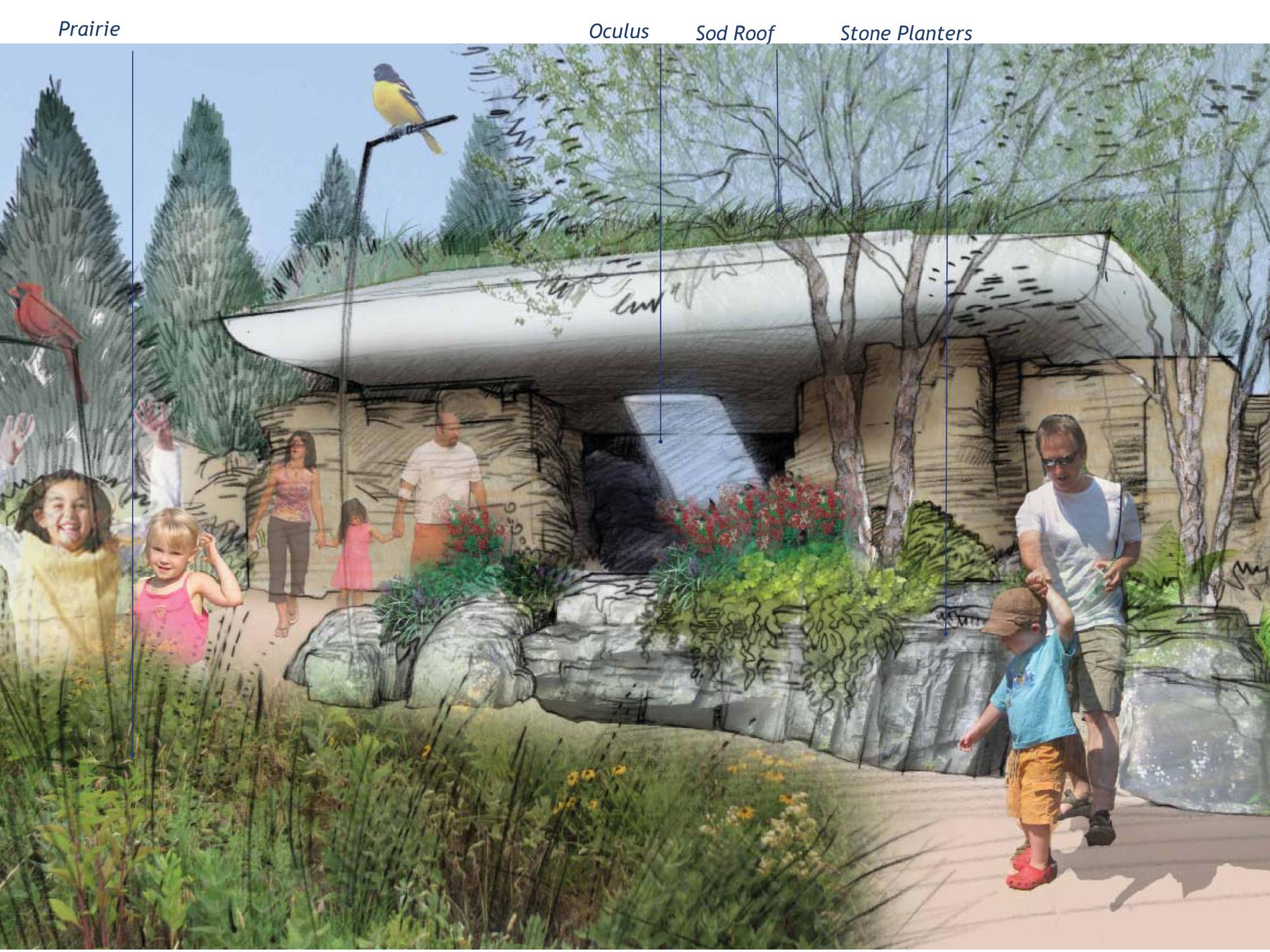 A depiction of the Grotto at the Children's Garden