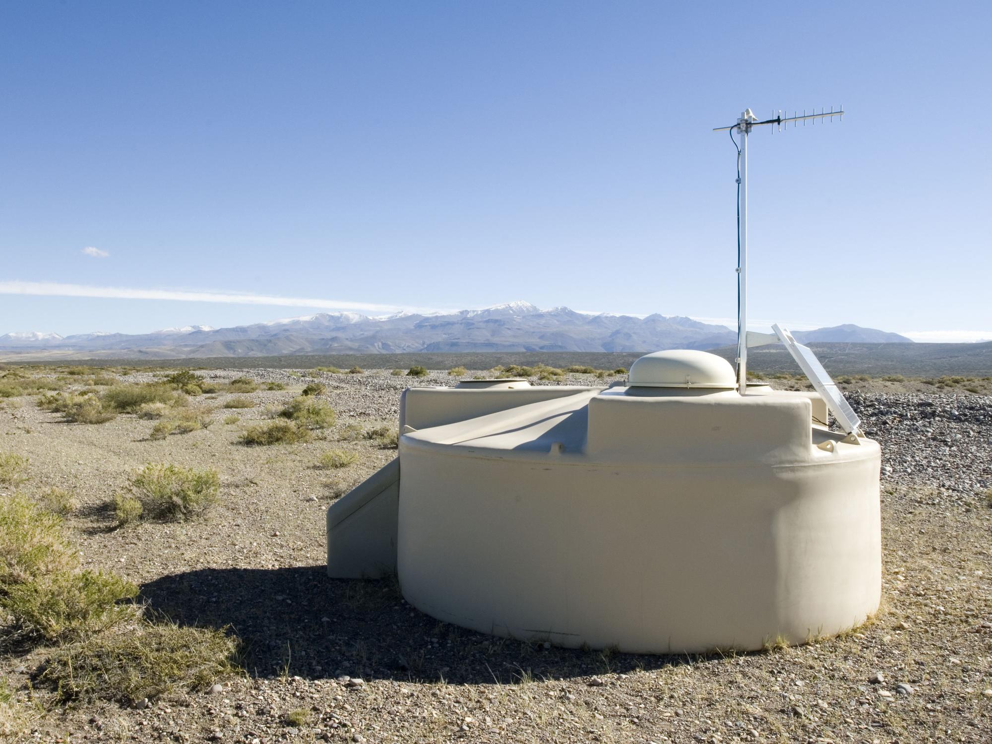One of the many many detectors in the very large Pierre Auger Cosmic Ray Observatory array in Artentina