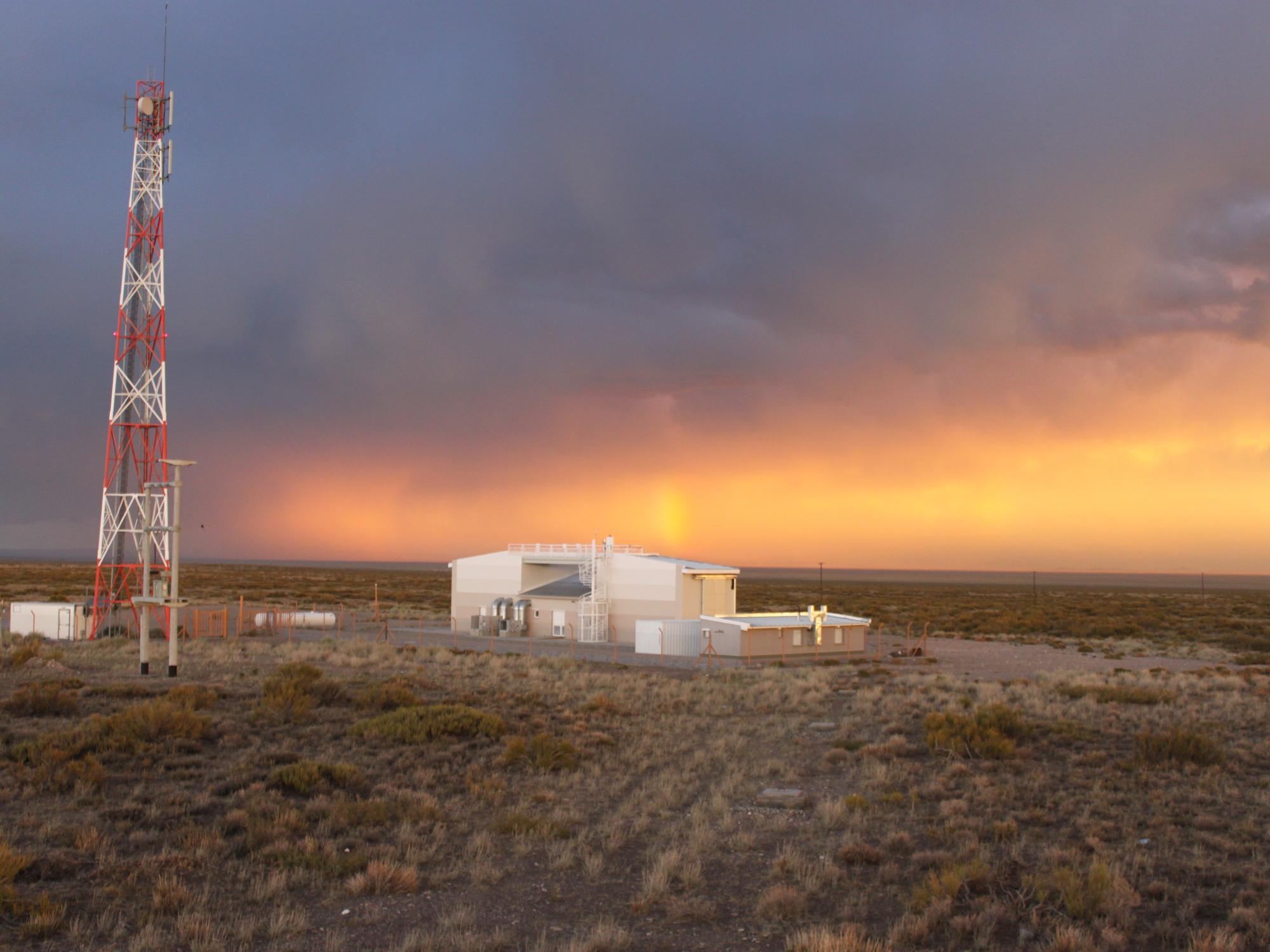 One of the four small white buildings housing the flourescence detectors of the Pierre Auger Observatory in Argentina. 