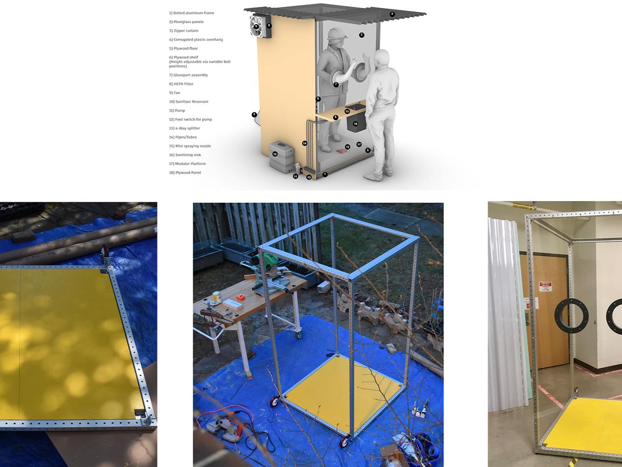 A collage of four images with the CAD rendering for the booth above and three project images below.