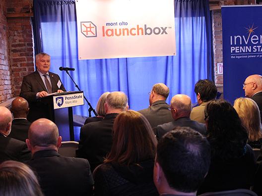 Penn State President Eric Barron addresses the audience during the Mont Alto LaunchBox ribbon-cutting.