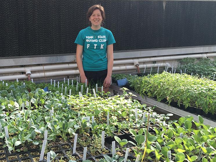 Woman standing in greenhouse, surrounded by vegetable seedlings.