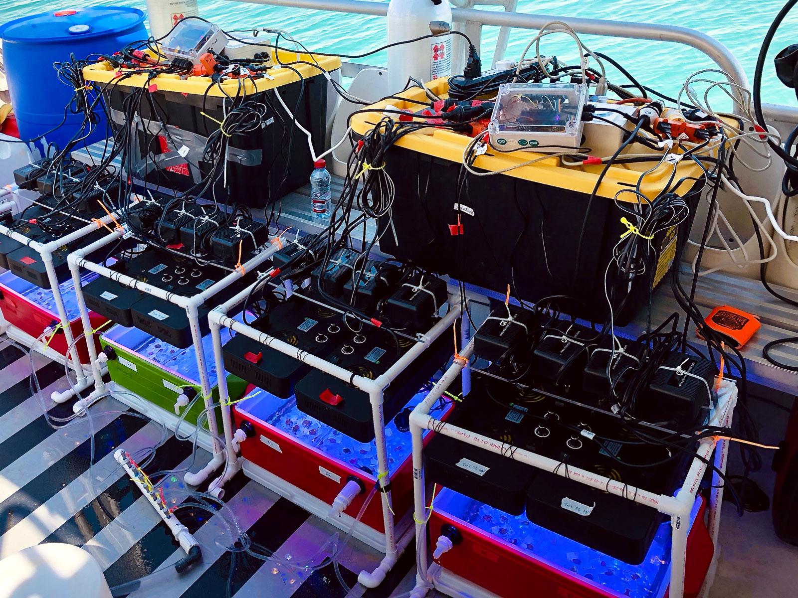 Coral testing system on boat with plastic containers and wires