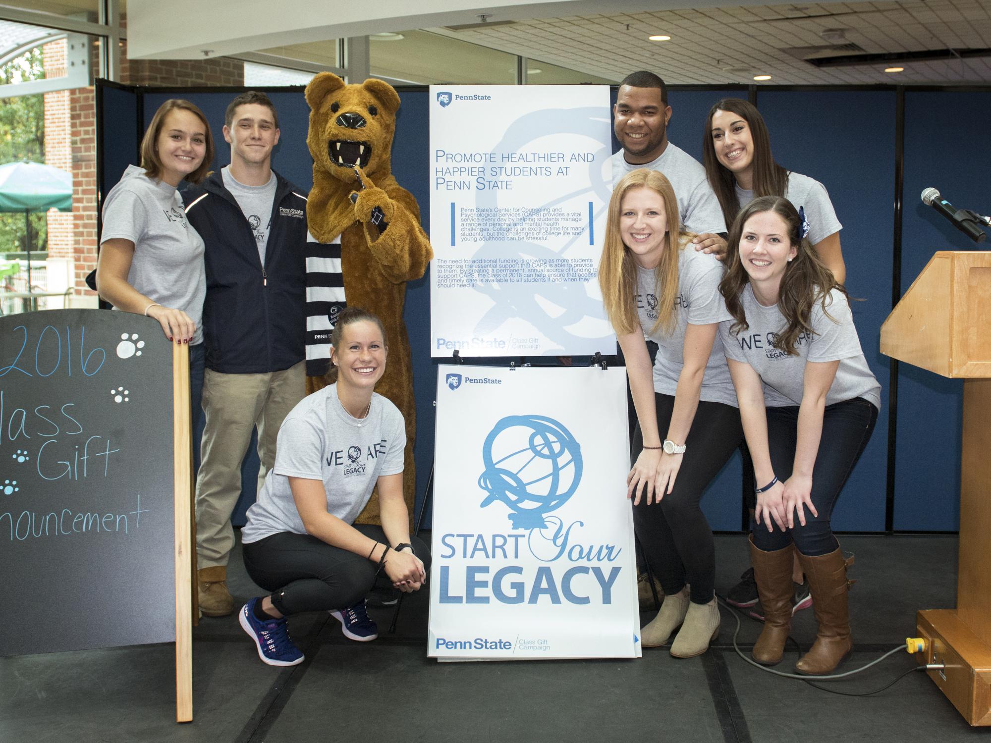 The 2016 Penn State Class Gift Committee poses for a photo with the Nittany Lion