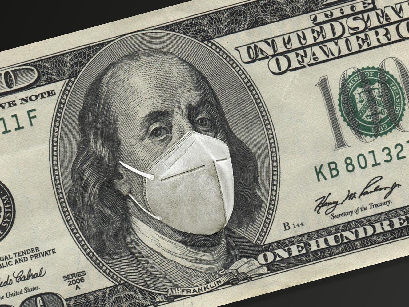 $100 bill with Ben wearing mask