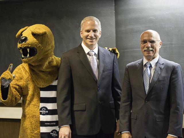the nittany lion stands with Robert Cardillo and Neil Sharkey
