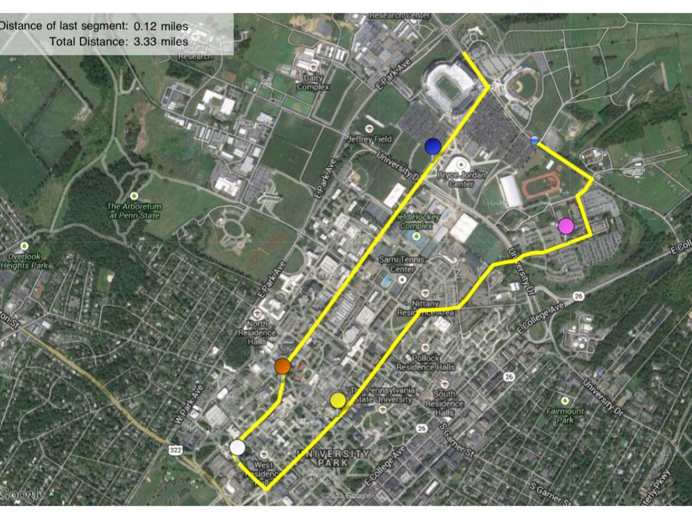 aerial map with markings of 5K route for Color Run race