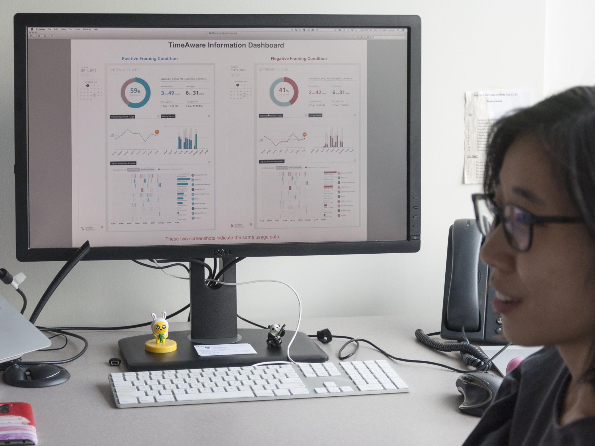 A computer displays the TimeAware web app with a woman's face to the right of it