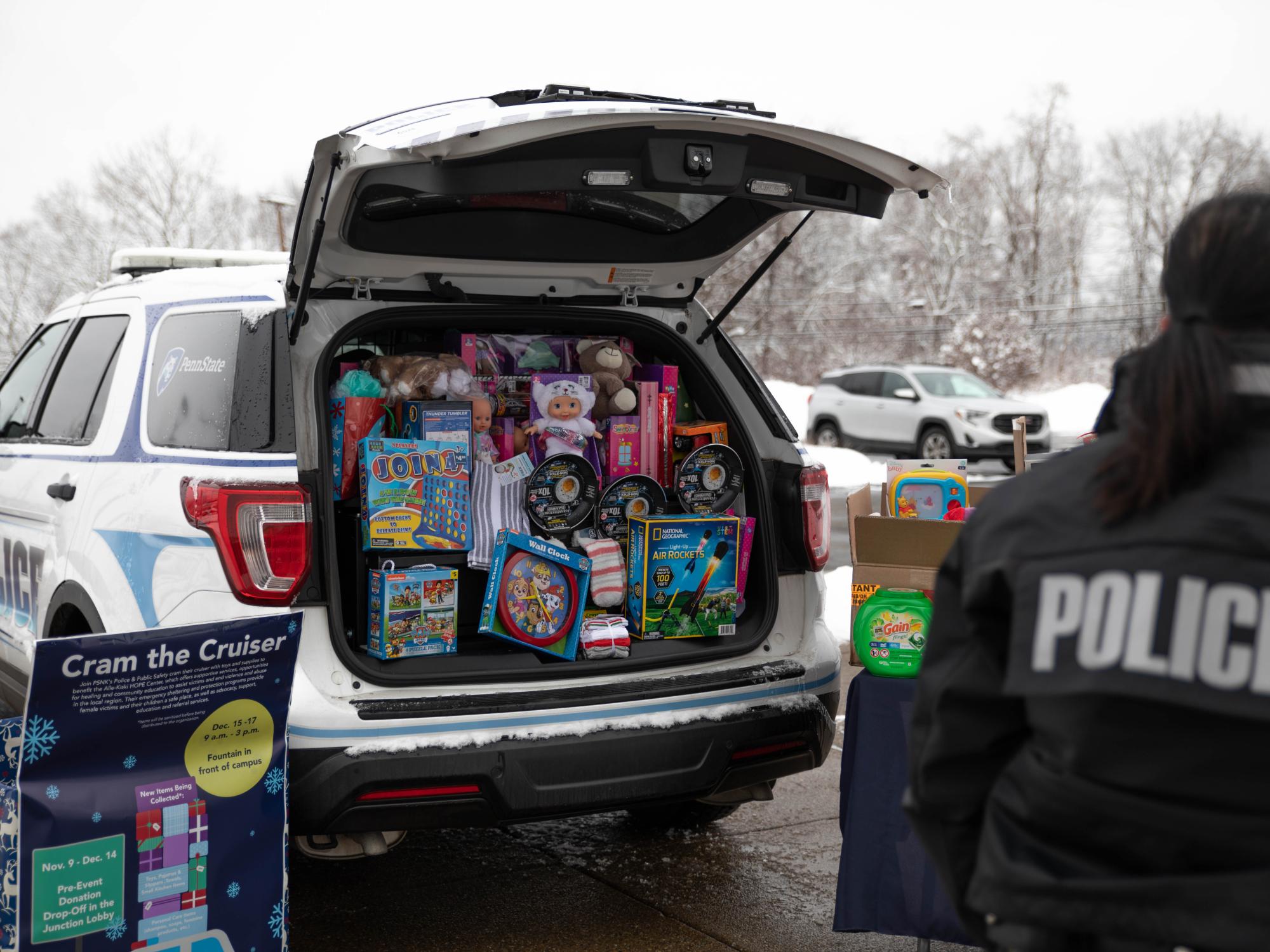 Police cruiser filled with gifts