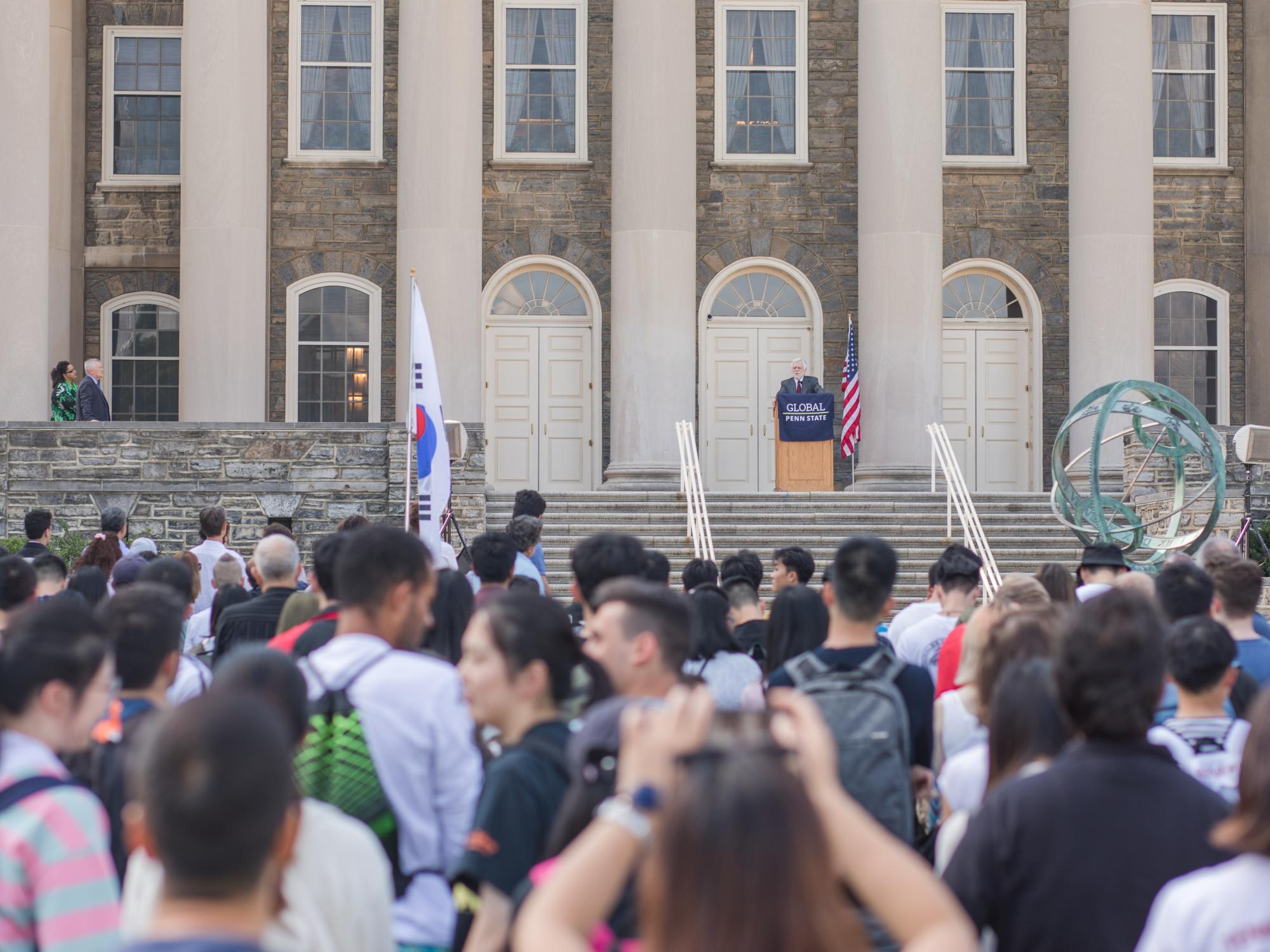 Dr. Robert Crane, Vice Provost for Global Programs, speaks to new international students