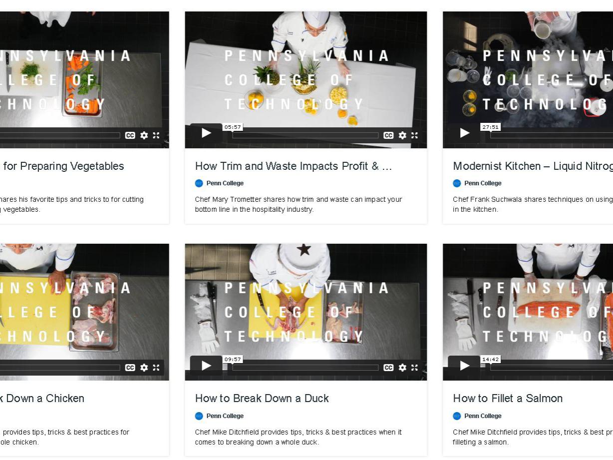A series of images showing virtual culinary lessons offered by Penn College