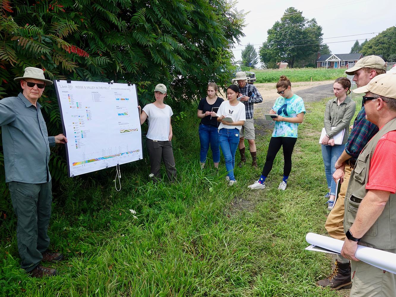 Tom Yahner introduces MG2V students to the geology and landforms of the Ridge-and-Valley at the site.