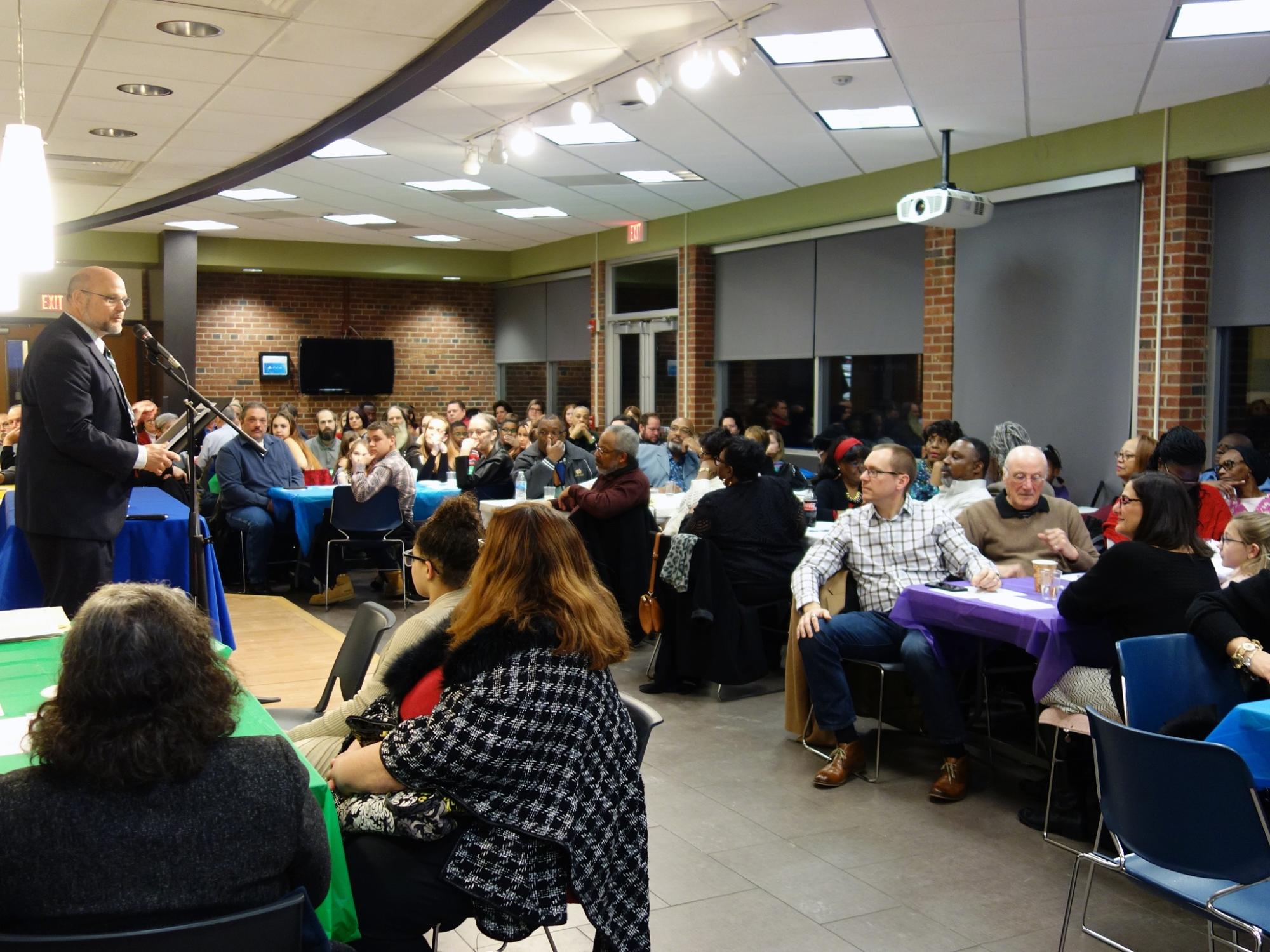 Dr. Kevin Snider addresses attendees of the campus Unity Dinner.
