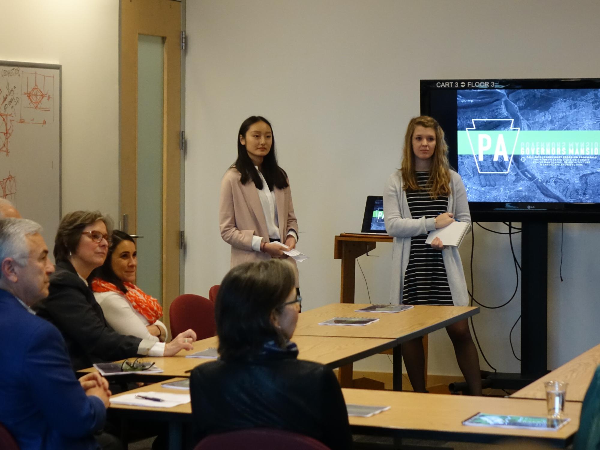 Students present their work to Frances Wolf, First Lady of Pennsylvania, at the Stuckeman School on the University Park campus. 