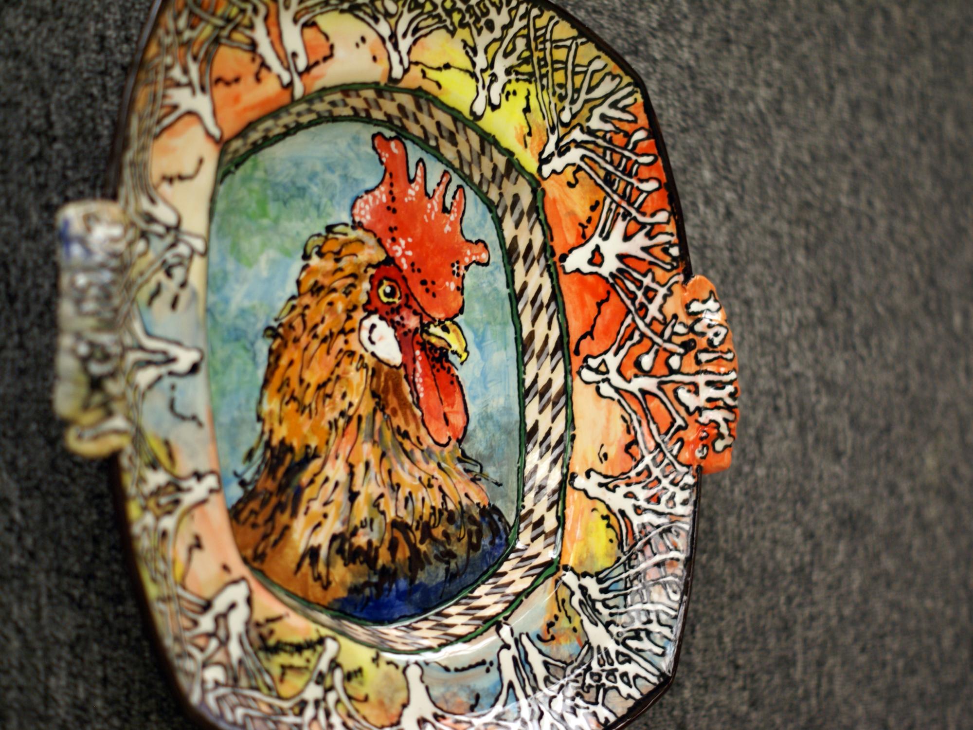 "Rooster" earthenware art piece by Ron Korczynski