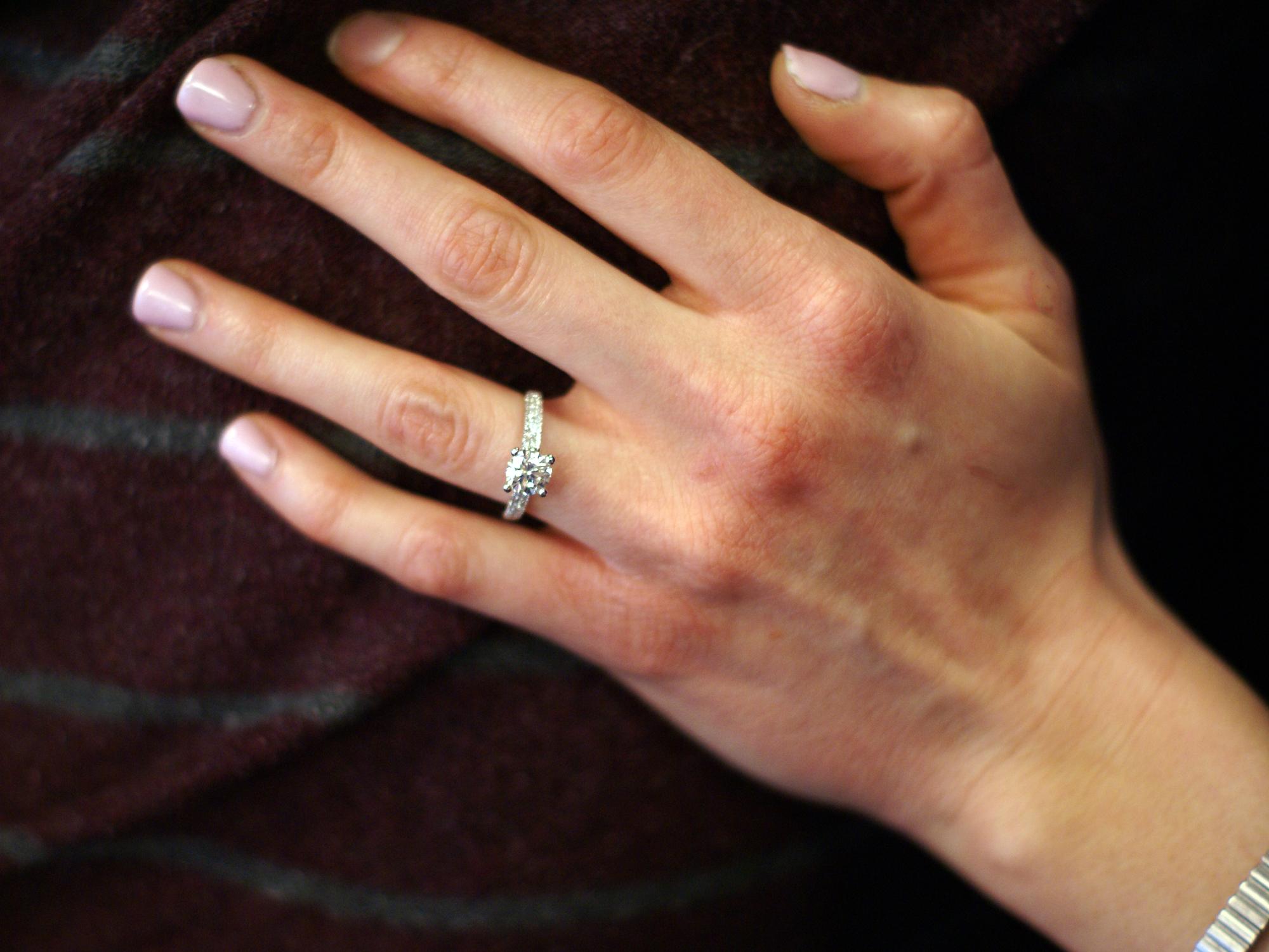 Close-up of Ashley Myerski's engagement ring