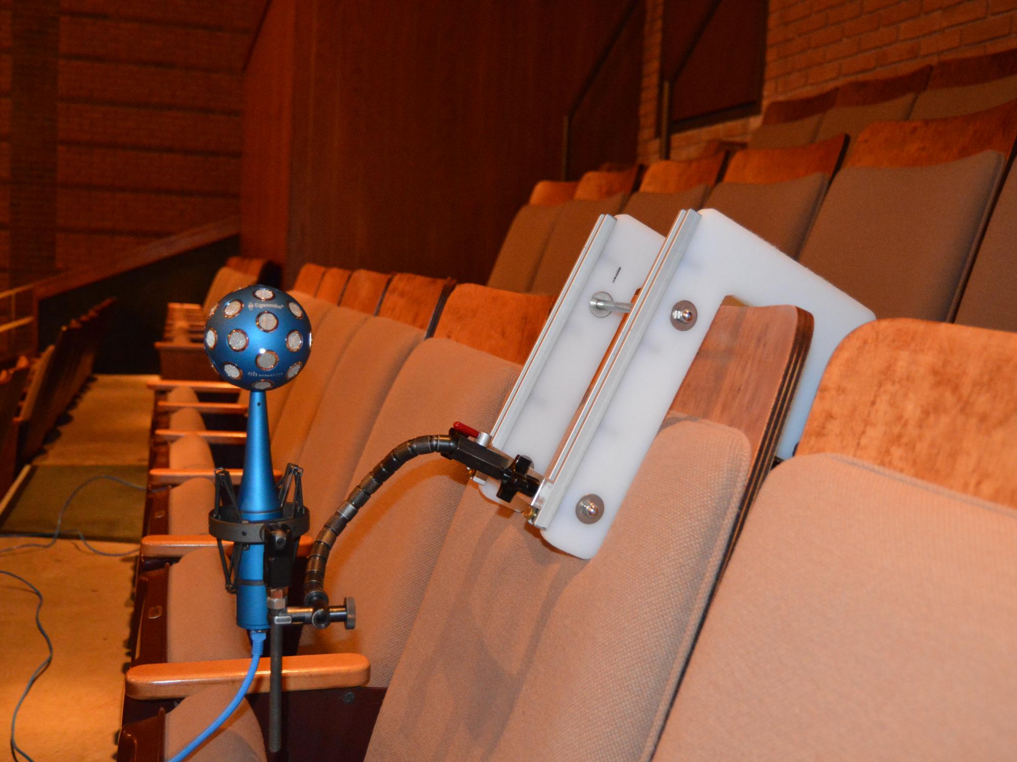 A spherical microphone attached to a seat in a concert hall. 