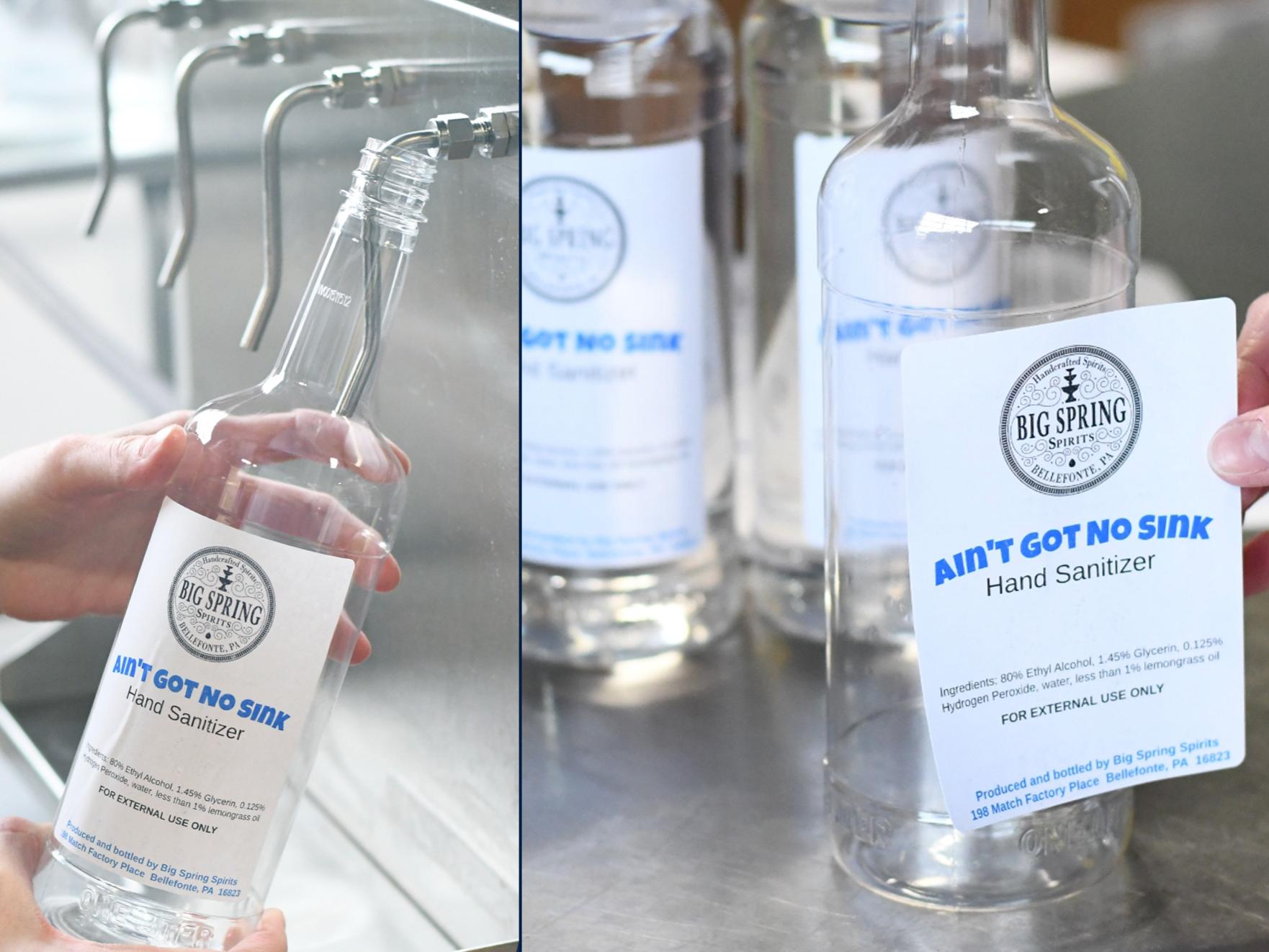 A split image showing a bottle of sanitizer being filled on the left and a label being placed on a bottle on the right