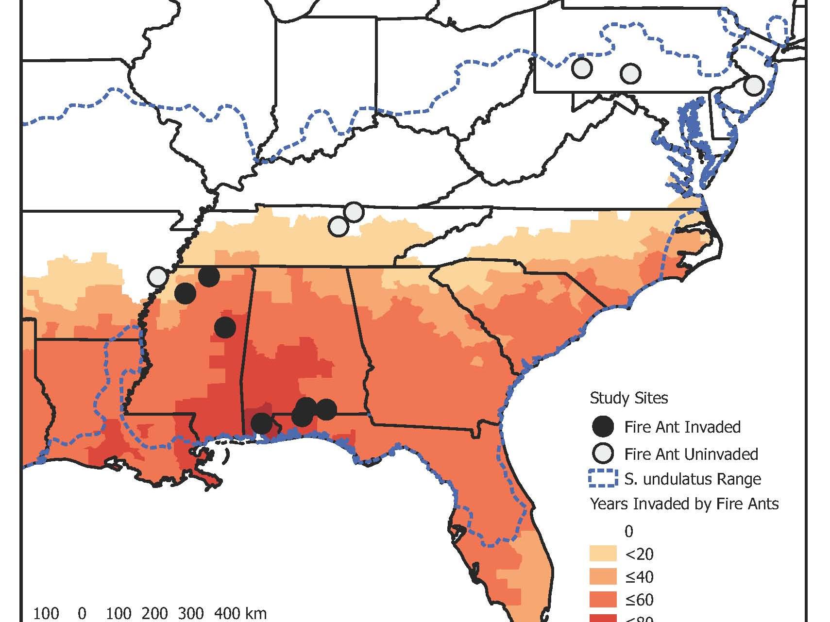 map of eastern US with fire ant and lizard ranges