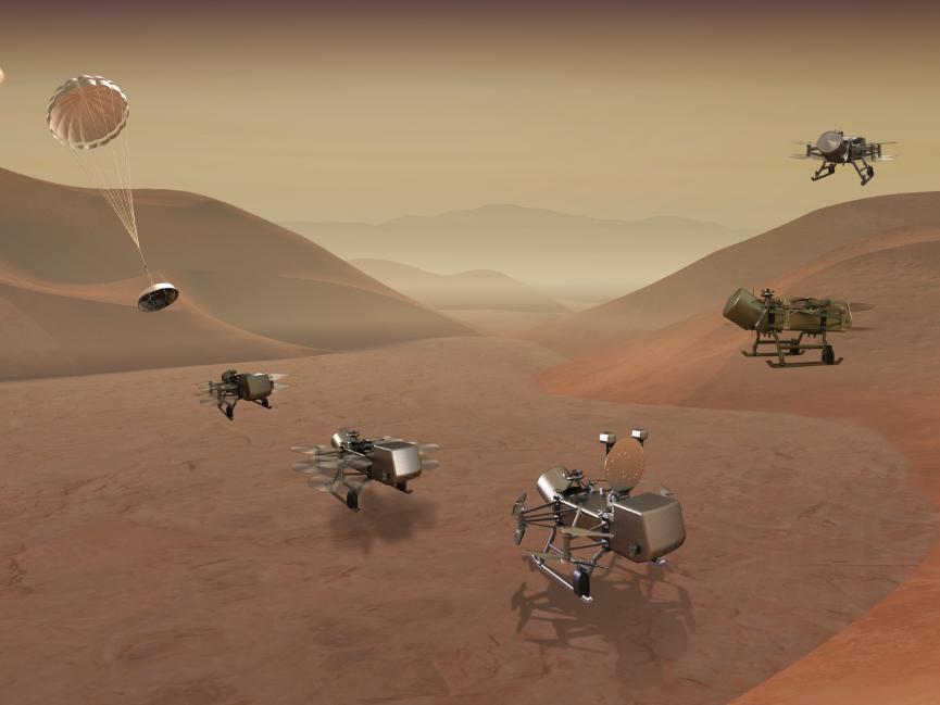 A time-lapse illustration of a metal drone losing a parachute and flying across sandy dunes. 