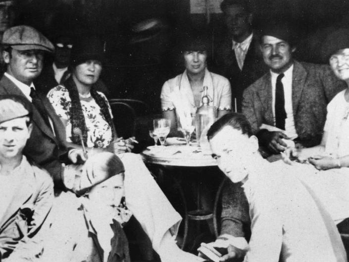 Ernest Hemingway and friends at a cafe in Pamplona, Spain, 1926