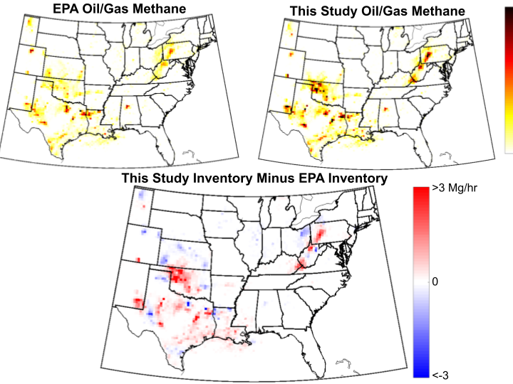 3 maps, top left shows methane estimate by EPA, top right shows methane from study, bottom shows study results minus EPA. Half the study results remain
