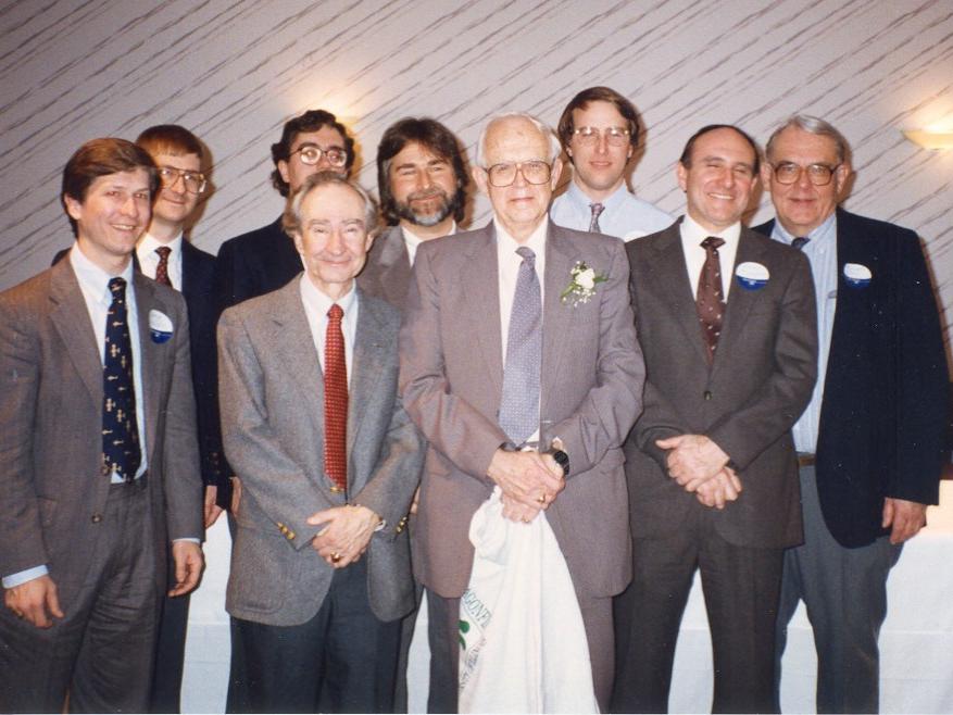 Barney McCormick (front center), Boeing Professor Emeritus, pictured with aerospace engineering faculty at his retirement party in 1990.