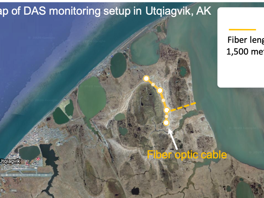 satellite imagery of Utqiaġvik, Alaska with a label for the fiber-optic cable