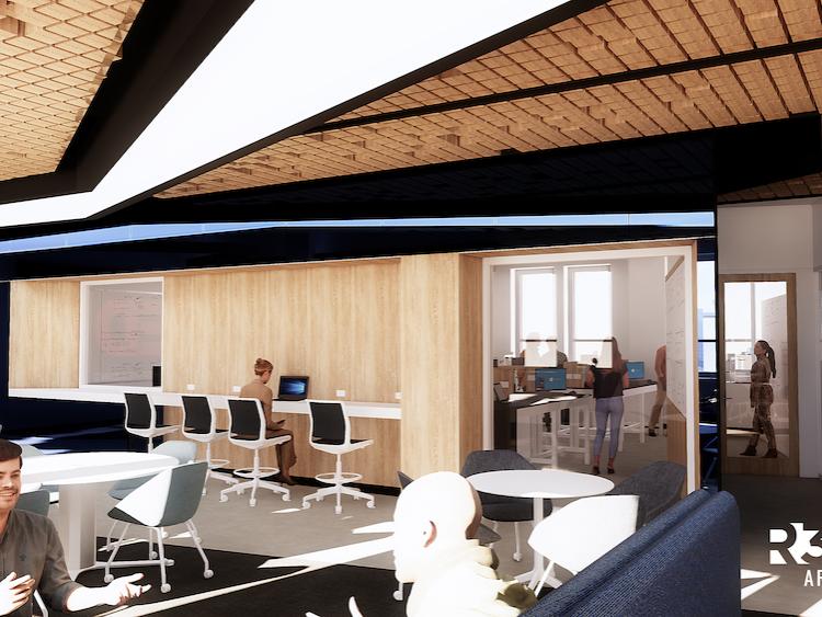 a rendered architectural illustration shows a meeting and study space with a computer lab, tables, and a tech bar.