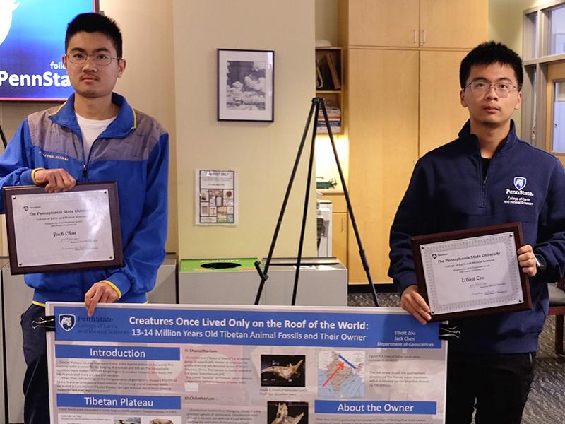 Jack Chen, left, and Elliott Zou won the Freshman Award in the 2017 Earth and Mineral Sciences’ Undergraduate Poster Exhibition.