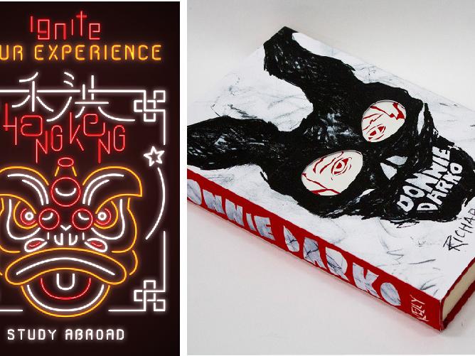 Megan Tam’s winning poster design for the study abroad program (left) and Jacqueline Siry’s winning Donnie Darko book cover design.
