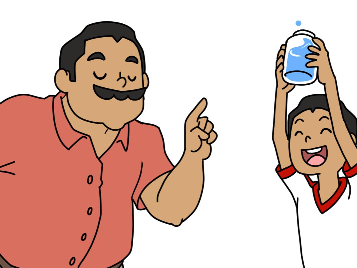 animated dad and daughter perform a science experiment