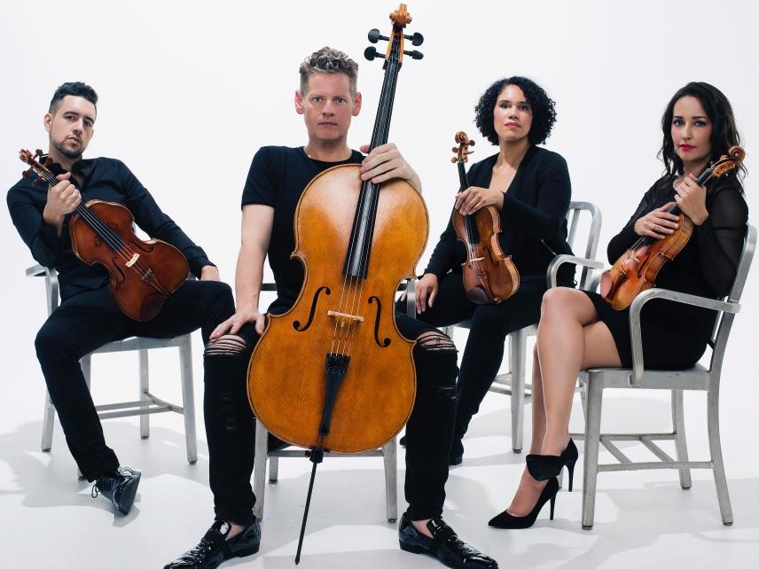 Four musicians sit in chairs and hold their instruments.